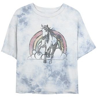 Juniors' Rainbow Cloud And Horse Sketch Bombard Wash Cropped Tee