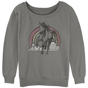 Juniors' Rainbow Colud And Horse Sketch Slouchy Terry Graphic Pullover