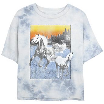 Juniors' Horses Freedom Landscape Paint Bombard Wash Cropped Tee