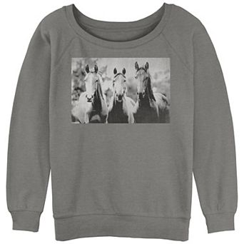 Juniors' Three Horses Photo Slouchy Terry Graphic Pullover