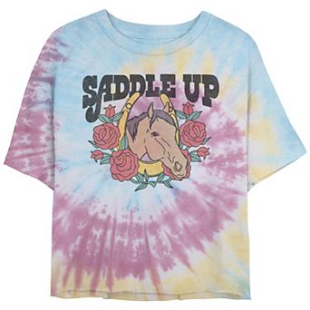 Juniors' Saddle Up Horse Logo Crop Top Spiral Tie Dye Graphic Tee