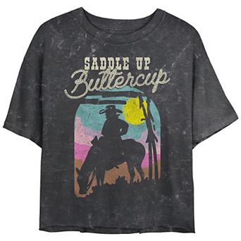 Juniors' Saddle Up Buttercup Cowboy Silhouette Landscape Crop Tee