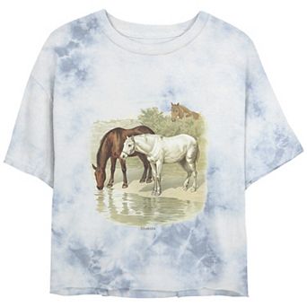 Juniors' Vintage Horses Landscape Painting Bombard Wash Cropped Tee