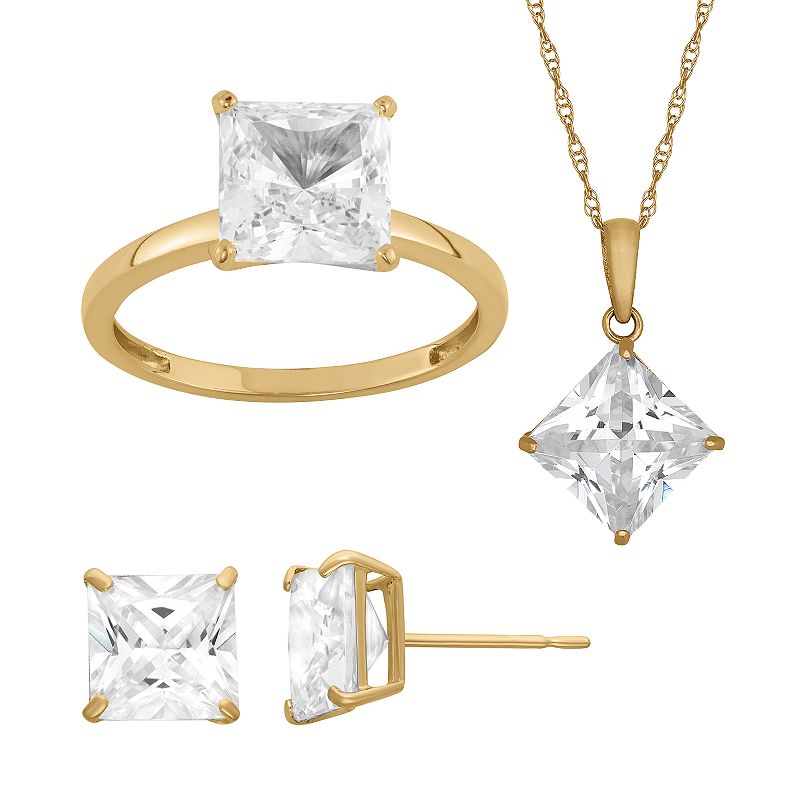 Designs by Gioelli 14k Gold Over Silver Cubic Zirconia Solitaire Pendant Necklace, Ring & Stud Earring Set