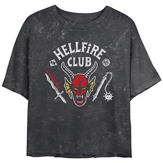 Juniors' Stranger Things Hellfire Club Mace And Dagger Mineral Wash Cropped Tee