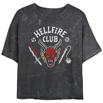 Juniors' Stranger Things Hellfire Club Mace And Dagger Mineral Wash Cropped Tee