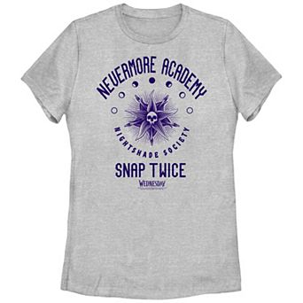 Juniors' Wednesday Nevermore Academy Snap Twice Graphic Tee