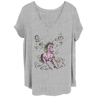 Juniors' Plus Flower Print Horse Sketch Graphic Tee