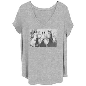 Juniors' Plus Horses Black And White Photo Graphic Tee