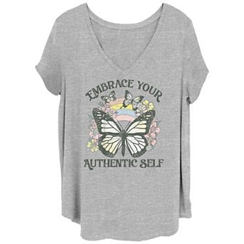 Juniors' Plus Size Embrace Your Authentic Self Floral Butterfly Graphic Tee