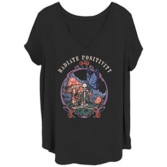 Juniors' Plus Radiate Positivity Skeleton Mushrooms Graphic Tee