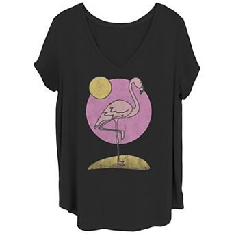Juniors' Plus Size Pink Flamingo V-Neck Graphic Tee