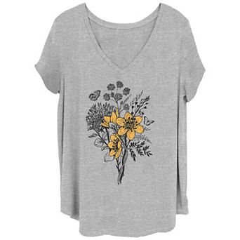 Juniors' Plus Size Wildflowers V-Neck Tee