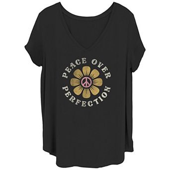 Juniors' Plus Size Peace Over Perfection Peace Sign V-Neck Tee