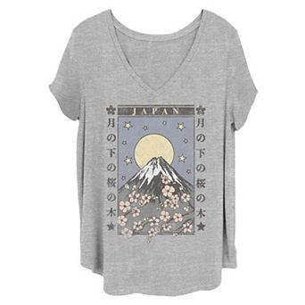 Juniors' Plus Size Japan Cherry Blossom Mountain & Moon Graphic Tee