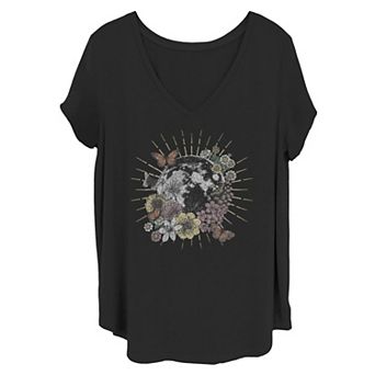 Juniors' Plus Size Floral Butterfly Circling Moon Graphic Tee