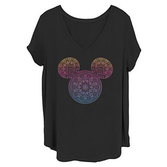 Disney's Mickey And Friends Juniors' Plus Size Mandala Mickey Ears V-Neck Graphic Tee