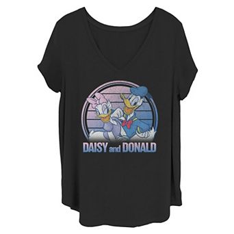 Disney's Mickey And Friends Juniors' Plus Size Donald And Daisy Lined Portrait V-Neck Graphic Tee