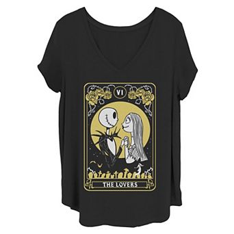Disney's The Nightmare Before Christmas Juniors' Plus Size Jack & Sally Card V-Neck Graphic Tee