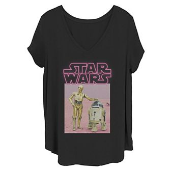 Juniors' Plus Star Wars R2-D2 C-3PO Pink Neon Title Portrait V-Neck Graphic Tee