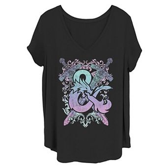 Juniors' Plus Dungeons And Dragons Ampersand Pastel Logo V-Neck Graphic Tee
