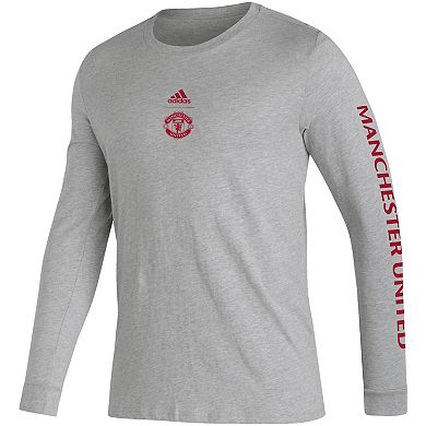Men's adidas Heather Gray Manchester United Team Crest Long Sleeve T-Shirt