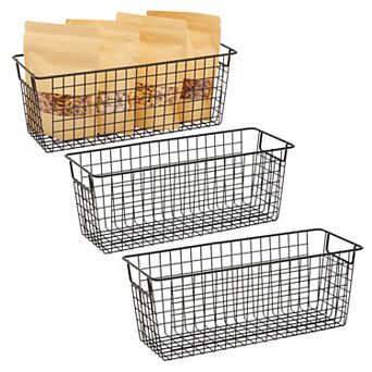 3 Pack Metal Wire Storage Baskets for Shelves, Pantry, Closet, Long Narrow Organizer Bin (Black, 16 x 6 x 6 in