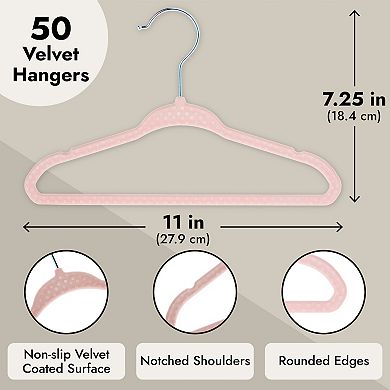 50 Pack Pink Velvet Baby Clothes Hangers for Closet Storage, Nursery (11 In)