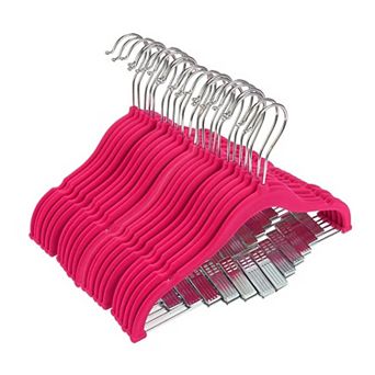 24 Pack Hot Pink Velvet Hangers with Clips for Kids Closet, Nonslip, 12 in
