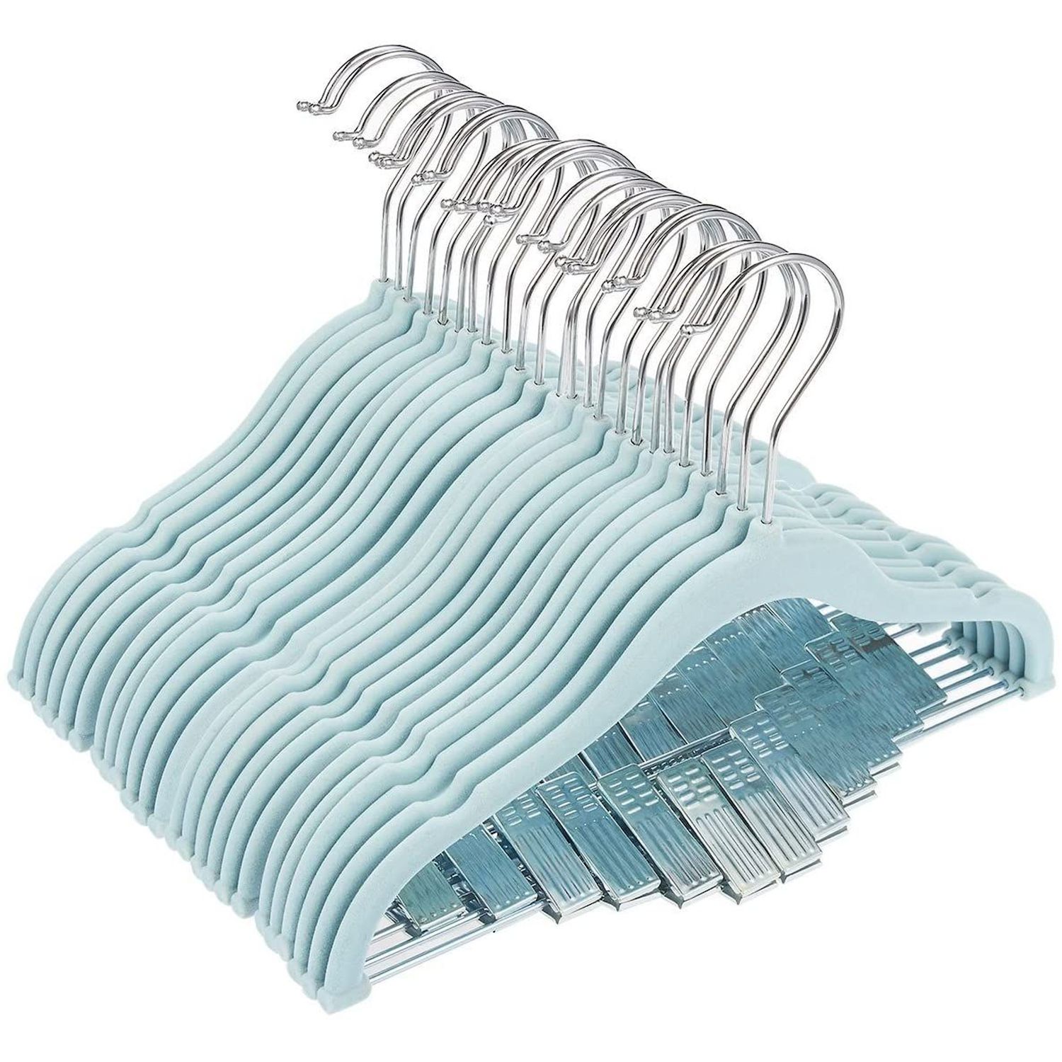 Juvale 50 Pack Non Slip Teal Velvet Clothes Hangers with Cascading Hooks Space Saving for Shirts, Coats, Pants, Suits, and Dresses, 17.5 Inches