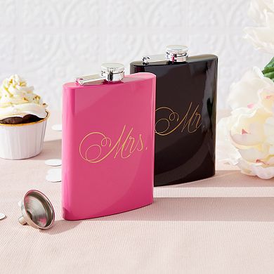 Set Of 2 Bride And Groom Flask, Mr And Mrs Wedding Gifts, Pink And Black, 7.5 Oz