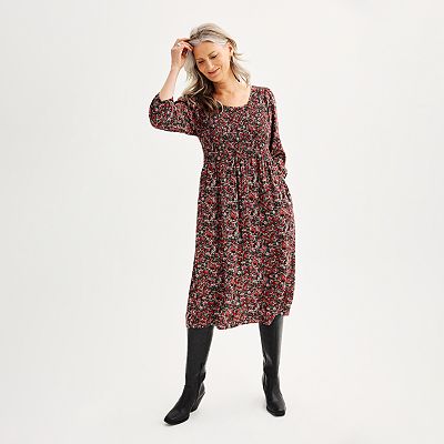 Women's Petite Croft & Barrow 3/4 Sleeve Smocked Midi Dress