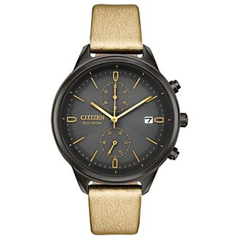 Citizen Women's Eco-Drive Stainless Steel Chronograph Gold Leather Strap Watch