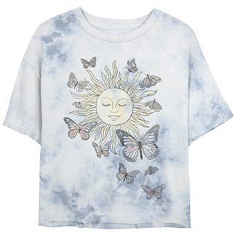 Juniors' Meditating Sun And Butterflies Bombard Wash Graphic Crop Tee
