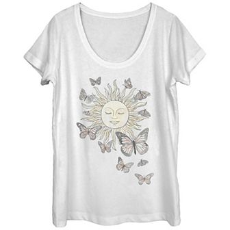 Juniors' Meditating Sun And Butterflies Scoop Neck Graphic Tee