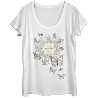 Juniors' Meditating Sun And Butterflies Scoop Neck Graphic Tee