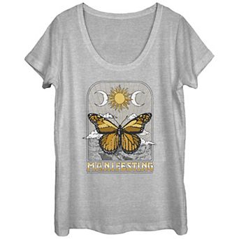 Juniors' Manifesting And Monarc Butterfly Scoop Neck Graphic Tee