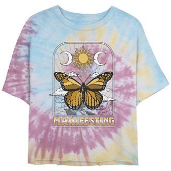 Juniors' Manifesting And Monarc Butterfly Spiral Tie Dye Cropped Graphic Tee