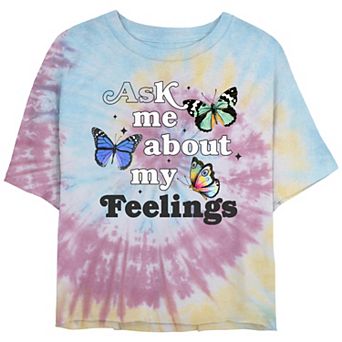 Juniors' Ask Me About My Feelings Spiral Tie Dye Cropped Graphic Tee