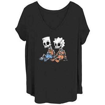 Juniors' Plus Size The Simpsons Bart & Lisa Skeletons C2 V-Neck Graphic Tee