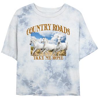 Juniors' Country Roads White Horses Bombard Wash Graphic Crop Tee