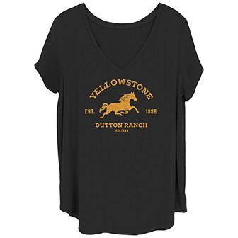 Juniors' Plus Size Yellowstone Dutton Ranch Horse Logo V-Neck Graphic Tee