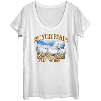 Juniors' Country Roads White Horses Scoop Neck Graphic Tee