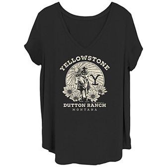 Juniors' Plus Size Yellowstone Dutton Ranch Montana V-Neck Graphic Tee
