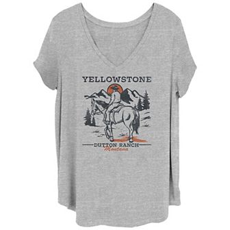 Juniors' Plus Size Yellowstone Sunset Horse Rider V-Neck Graphic Tee