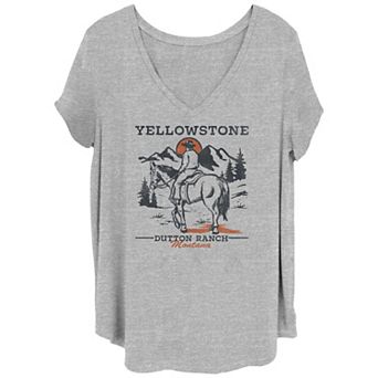 Juniors' Plus Size Yellowstone Sunset Horse Rider V-Neck Graphic Tee