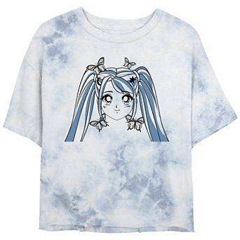 Juniors' Anime Girl With Butterflies Bombard Wash Graphic Crop Tee