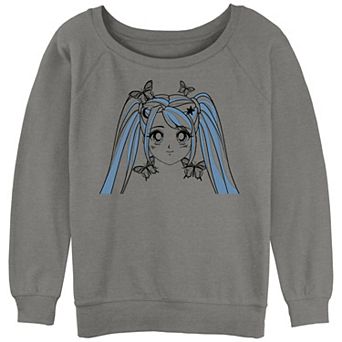 Juniors' Anime Girl With Butterflies Slouchy Terry Pullover