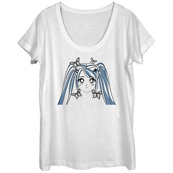 Juniors' Anime Girl With Butterflies Scoop Neck Graphic Tee