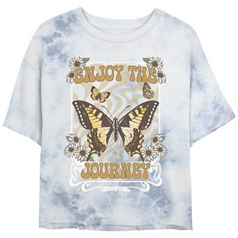 Juniors' Enjoy The Journey Butterfly Bombard Wash Graphic Crop Tee